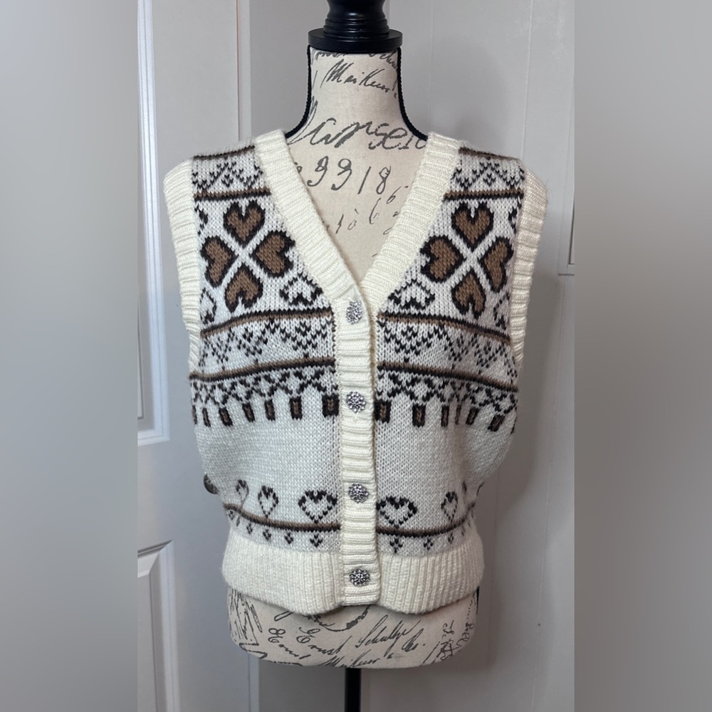 & Other Stories Cream and Brown Wool V-Neck Sweater Vest